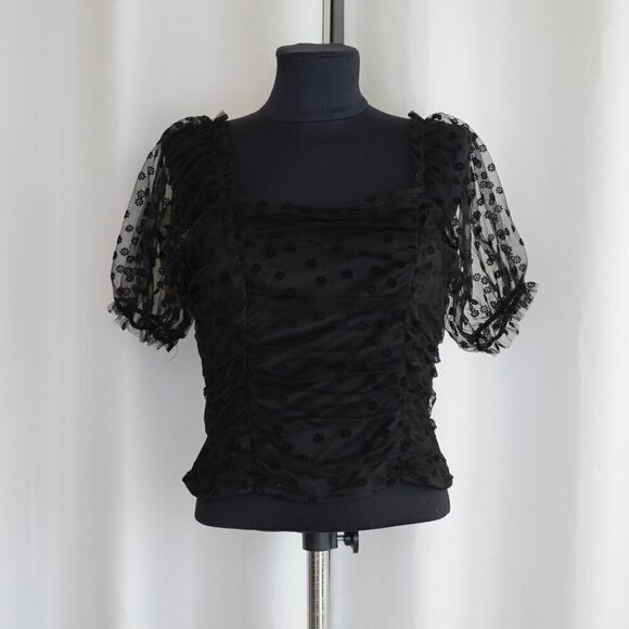 NWT Puff Sheer Sleeve Black Crop Top Sz L - Picture 1 of 6